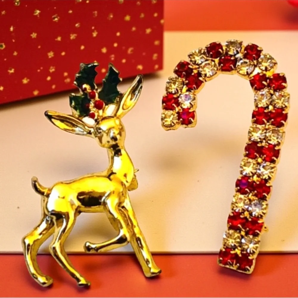 Christmas Vintage Brooch Gerrys Reindeer Enamel + Rhinestone Candy Cane